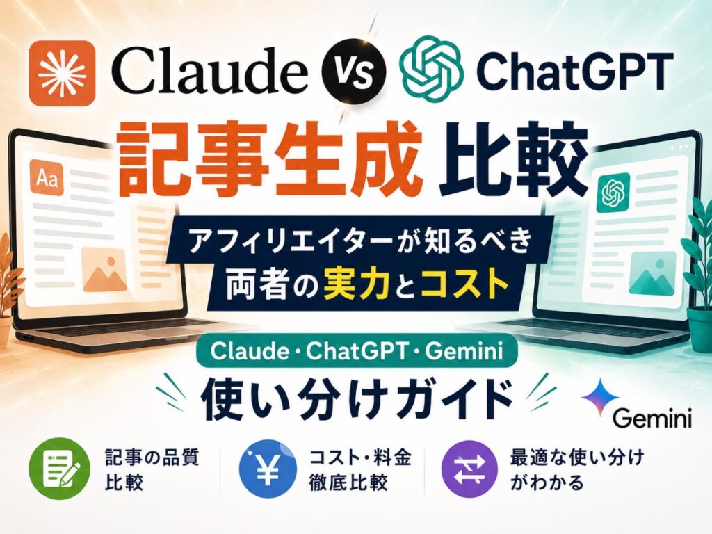 フィンテックメディア編集長がClaude・ChatGPTを実際にアフィリエイト記事生成に使い比べ。文章品質・コスト・SEO適性を徹底比較。「どちらを使えば儲かるか」という現場視点で正直に解説します。