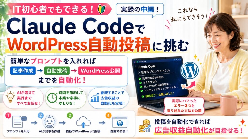 Claude Codeのインストールから、ターミナルの起動、作業用フォルダの作り方、WordPressのアプリケーションパスワード発行、認証情報を「.env」ファイルに保管するところまで。Mac／Windows両対応の環境構築編です。