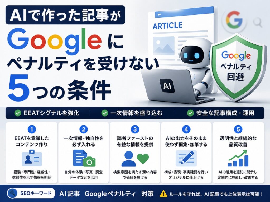 AI記事を100本以上公開して分かった、Googleにペナルティを受けないための現実的な条件。順位が落ちた失敗談も含めて、E-E-A-Tと一次情報の入れ方を正直に解説します。