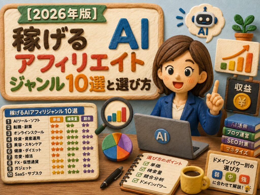 AIアフィリエイトで「どのジャンルを選ぶか」は、記事を書き始める前に9割が決まると言っても過言ではありません。単価・検索量・競合の強さ・必要なドメインパワーの4軸で10ジャンルを比較し、開業からの実体験も交えて選び方を正直に解説します。
