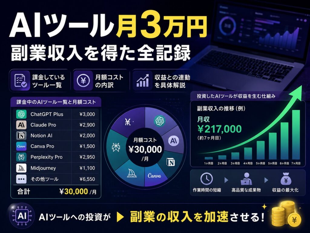 AIツールに月3万円を投資し続けたら、副業収入はどう変化したのか。ChatGPT・Claude・画像生成・SEOツールへの実際の課金内訳と、そこから得られた副業収入を正直に公開します。投資対効果を数字で検証した実録レポートです。