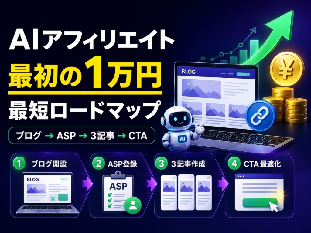AIアフィリエイトで一番高い壁は『最初の1万円』です。ジャンル選定からASP登録、AIツールでの記事量産、成約導線の作り方まで、実際に私がゼロから最初の1万円を稼ぐまでにやったことを30日間のロードマップとして整理しました。