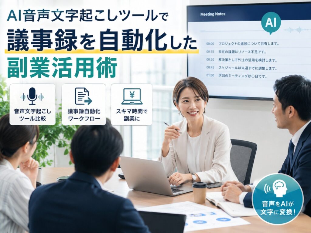 会議の議事録作成は副業時間を静かに削っていく作業です。AI音声文字起こしツールを使って議事録作成を自動化し、浮いた時間を副業ブログの執筆に回した実体験と、ツール選びのポイント・具体的な運用フローを正直にまとめます。