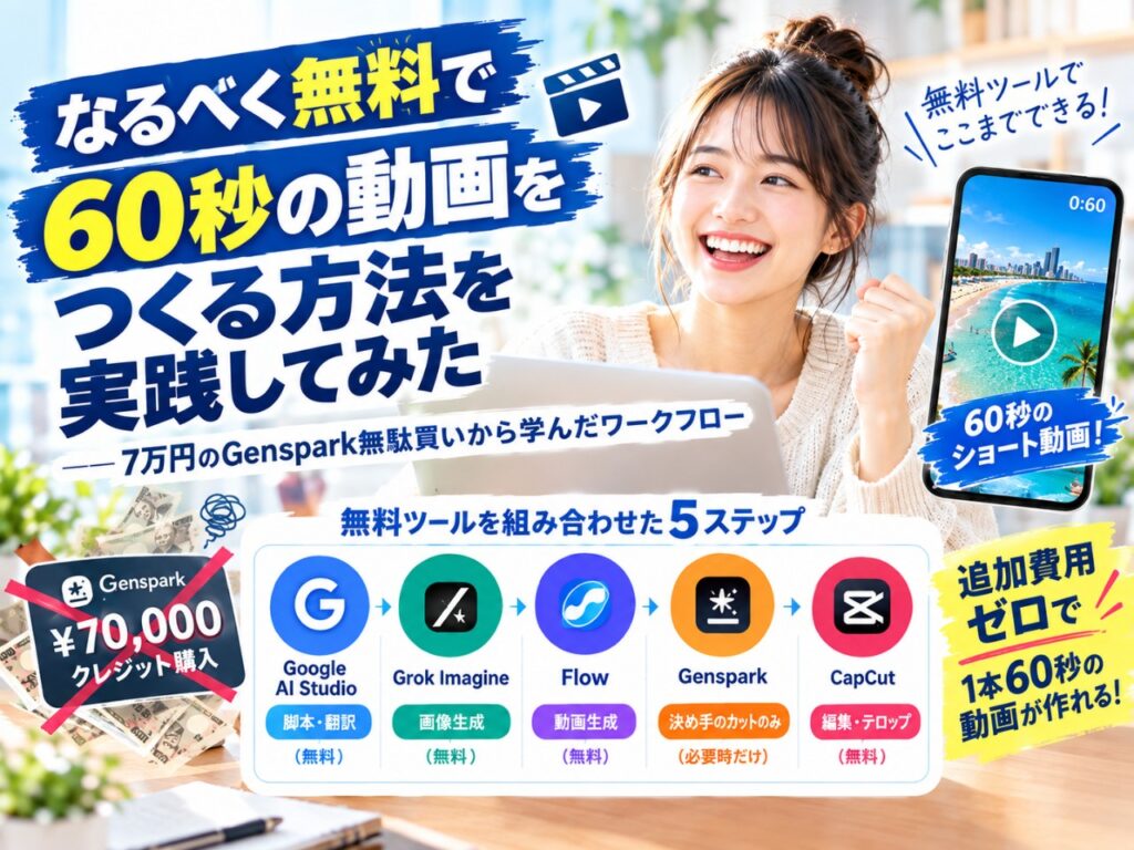 AIで動画を作るなら高性能ツール?いいえ。7万円を無駄にした経験から、複数の無料ツールを組み合わせて60秒のショート動画を追加費用ゼロで作る5ステップワークフローを公開します。月15万円の節約が実現。