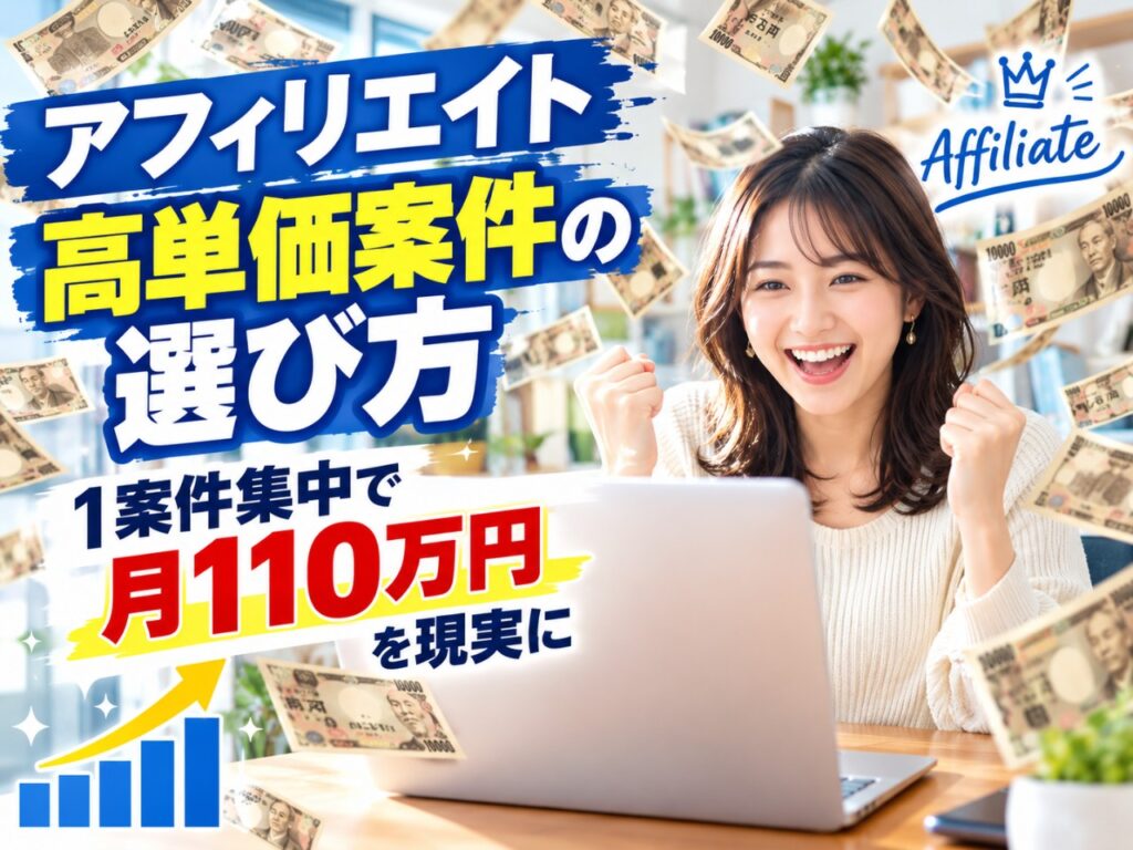 高単価案件は「単価」だけで選ぶと事故ります。単価×成約率×承認率で実質収益を見る方法、案件を分散させず1案件に集中した判断根拠、撤退基準の決め方まで、月110万円に到達するまでに実際に使った案件選定の考え方を失敗込みで公開します。