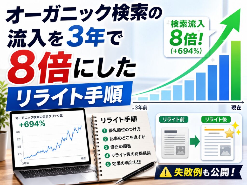 検索流入を3年で8倍(+694%)にした編集長のリライト手順を全公開