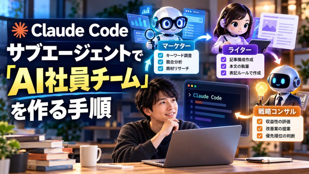 Claude Codeのサブエージェント機能を使い、マーケター・ライター・戦略コンサルの3人を「AI社員」として定義する手順を解説します。設定ファイルの書き方、役割定義のコツ、指示の出し方、出力の受け取り方まで、私が実際につまずいた失敗談も含めて正直に公開します。